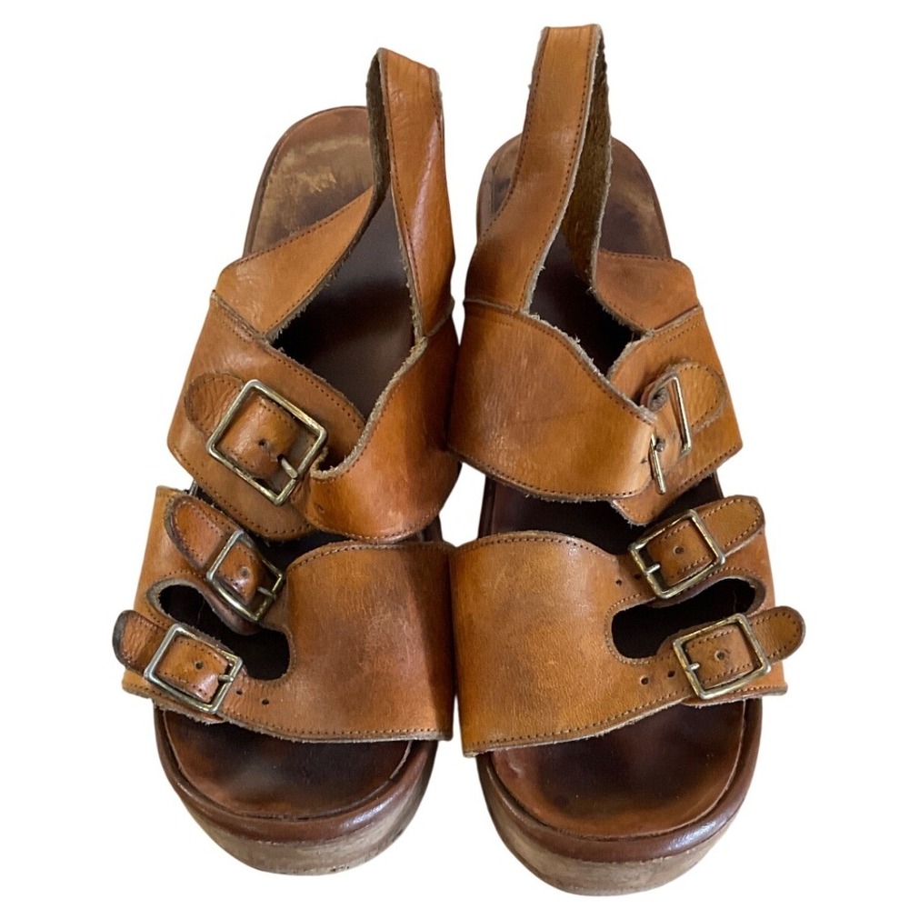 Vintage Woodstock Leather Triple Buckle Wooden Platform Sandals 70s Boho Retro